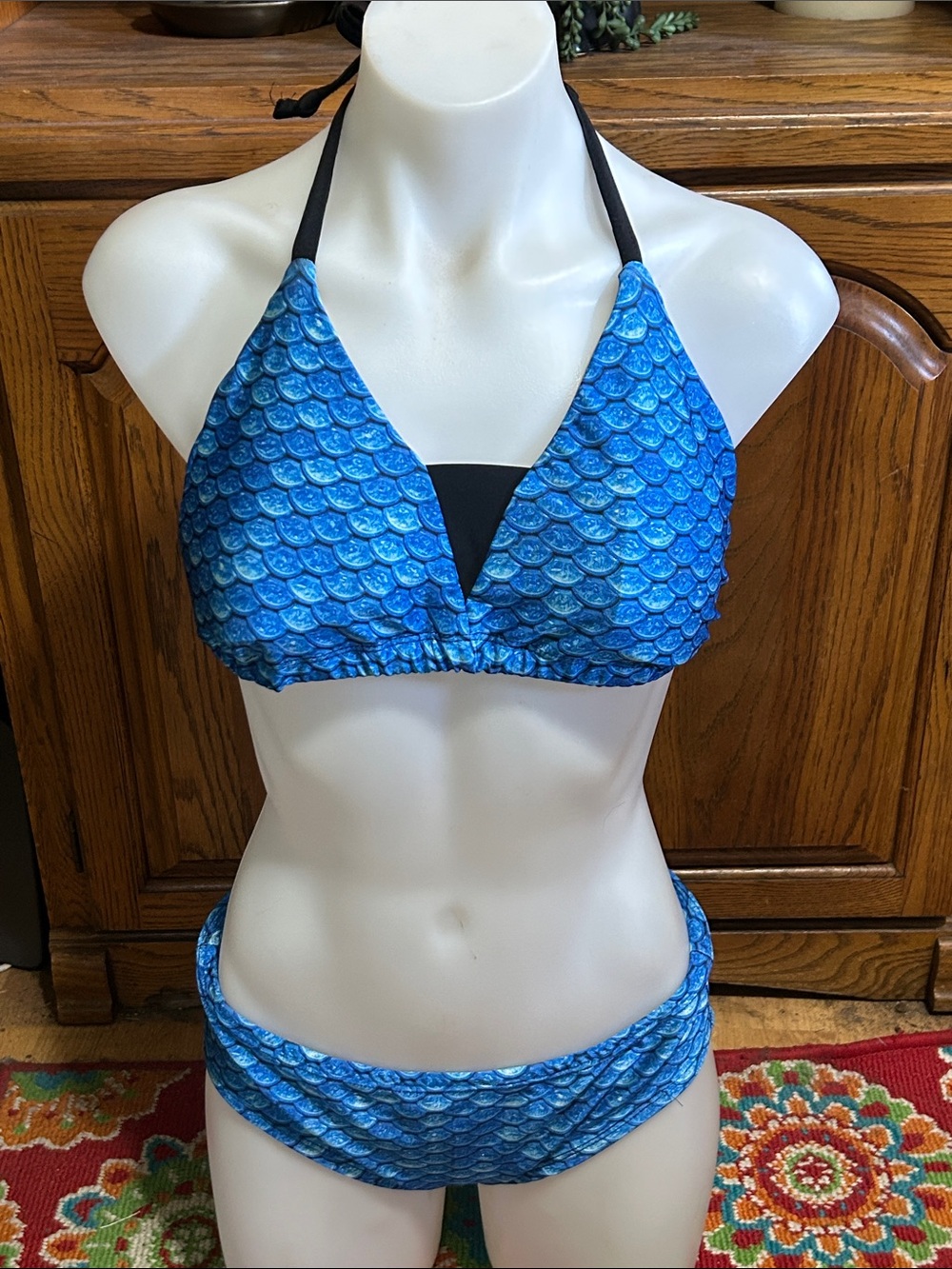 Blue Mermaid-Scale Halter Bikini Set Small